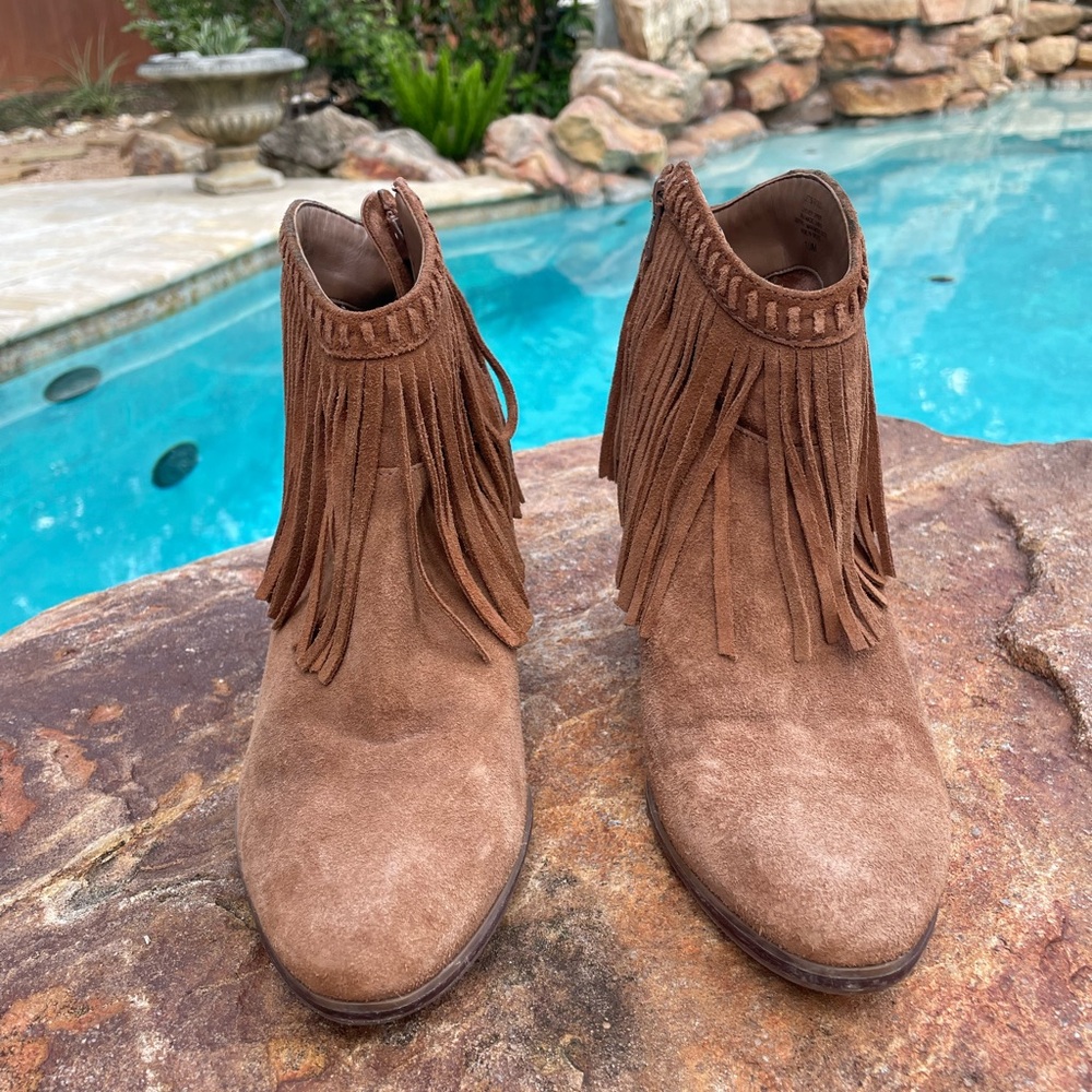 GB Gianni Bini “Let’s Roll” Leather Fringe Suede Booties